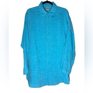 Chicos 100% Linen Tunic Top Womens large Button down Blue Summer Pockets coastal
